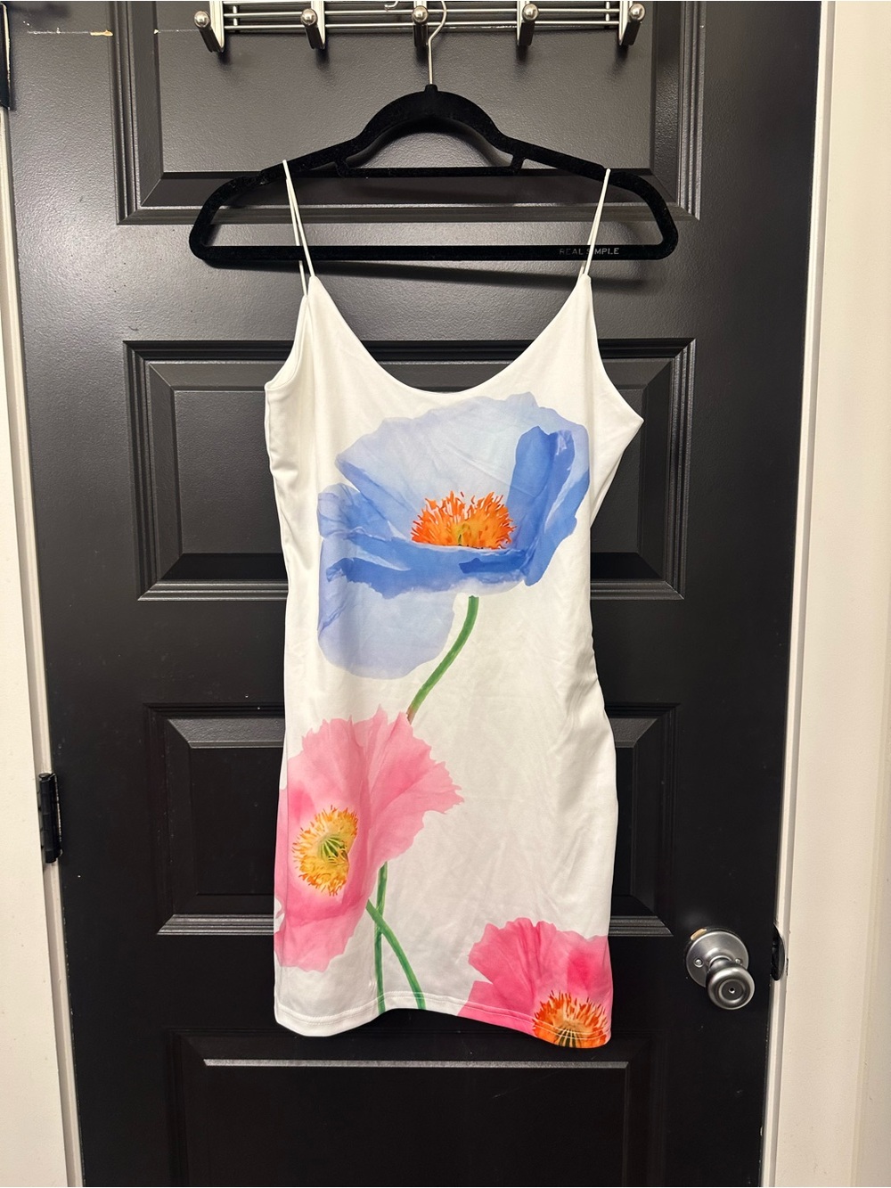Commense White Slip Dress with Blue and Pink Floral Print
